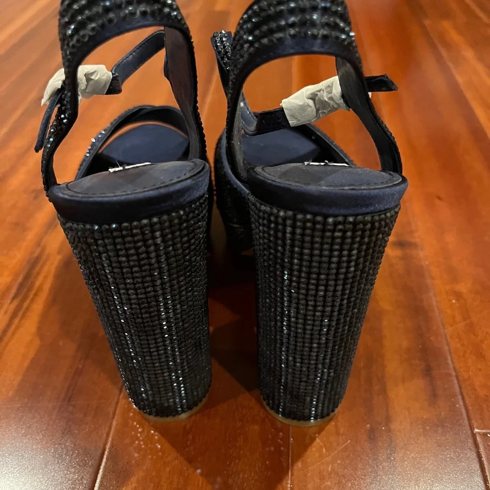 Steve Madden Blue Shoes Partytme Navy Rhinestone Platform Block Heel Sandal 9.5M